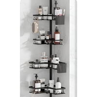 Étagère de douche d'angle à 4 niveaux réglable en hauteur avec barre de tension, sans perçage, en acier au carbone