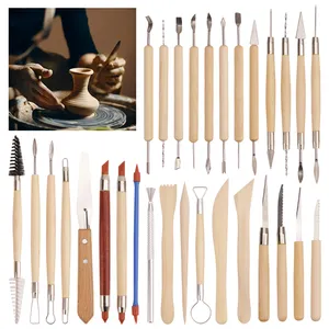 Opeth Conjunto de ferramentas com cabo de madeira para escultura em argila DIY Modelagem de cerâmica Escultura em tecido Bolsa de armazenamento vários tipos