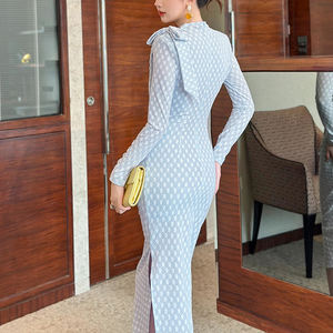 ZYHT 56009 Abito Midi Azzurro a Pied-de-Poule <span class=keywords><strong>con</strong></span> Collo Alto e Maniche Lunghe, <span class=keywords><strong>Vestito</strong></span> Aderente Arricciato <span class=keywords><strong>con</strong></span> Fiocco per Signore - Product Image 2