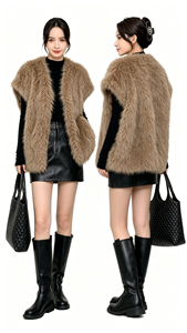 Gilet en fausse fourrure de <span class=keywords><strong>renard</strong></span> kaki Zeyu pour femme, collection hiver 2026, chaud, mi-long, ouvert sur le devant, sans manches, duveteux, manteau sans manches pour femme - Product Image 3