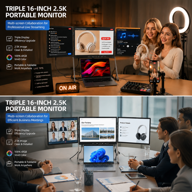 3 Screen Laptop Monitor Triple 16 Inch Aluminum Ultra Bright IPS Laptop Extended Screen for Programmer Multi Code Editing