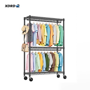 頑丈な調節可能な3層炭素鋼製ローリングガーメントラック、ロッド、サイドフック、ワードローブ収納、モダンブラック、バッグ取り外し可能 - Product Image 1