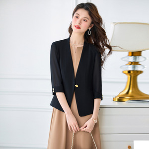 Women's Summer Thin Blazer <b>Jacket</b> Set <b>Chiffon</b> Three-Quarter Sleeve Suit Dress Solid Color Splicing Design - Product Image 2