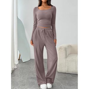 Conjunto de 2 Piezas para Mujer, Pantalones Anchos, Top Corto de Manga Larga con Bolsillos, Chándal Informal para Todas las Temporadas, Tejido Transpirable - Product Image 2