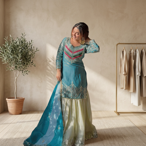 TENNECY Women's New Designer Solid Pure Heavy Viscose Satin Embroidery Sequence Work <b>Top</b>-Bottom Ankle-Length Party Dupatta Set - Product Image 1