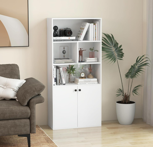 Libreria Moderna a 5 Ripiani con Ante, Scaffali Regolabili, Libreria Alta Bianca per Soggiorno e Studio, 61 Pollici - Product Image 2