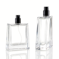 Flacon de parfum carré minimaliste en verre transparent 50ml 100ml rechargeable avec pulvérisateur à pompe et capuchon noir, parfum neutre, sérigraphié