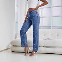 Site Web indépendant euro-américain pour le commerce transfrontalier : Jean en denim délavé mi-ancien, perlé, coupe droite, coupe classique, pour femme, collection hiver