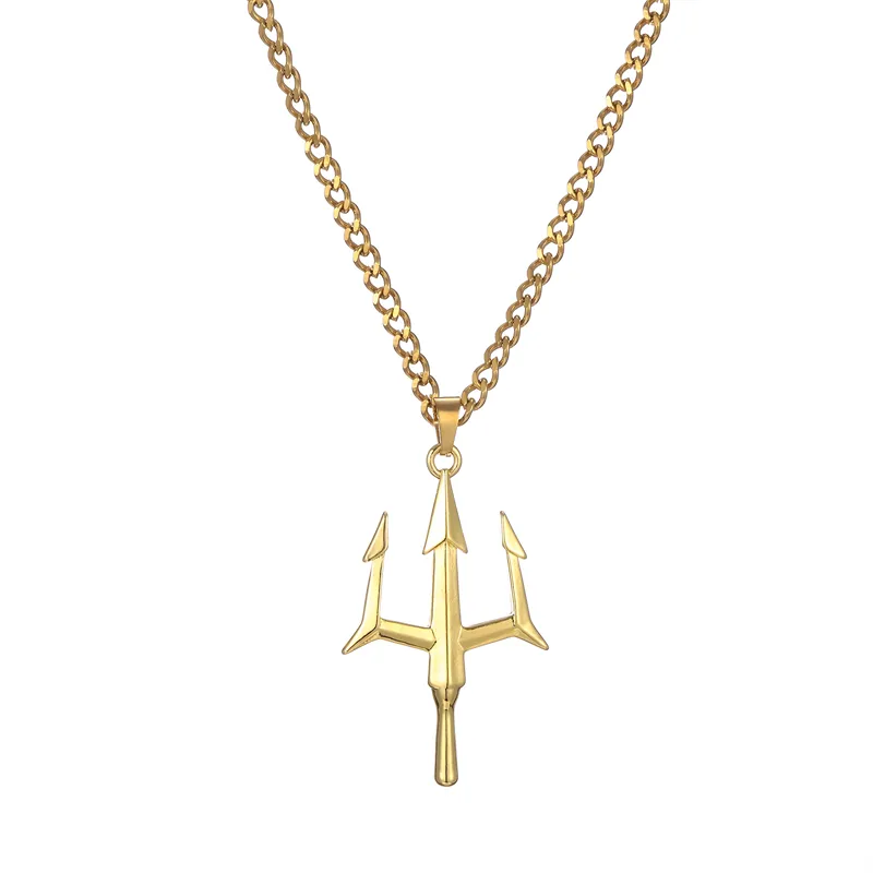 Hip Hop 18K 316L Stainless Steel Gold Silver Trident Pendant Necklace for Men Fashion Jewelry Necklace