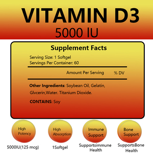Etiqueta privada Vitamina D3 Softgels 5000IU Vitaminas Suplementos para el cuidado de la salud Apoya la salud de los huesos y los dientes para adultos - Product Image 2