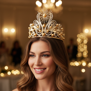 Grande Couronne de Mariage et d'Anniversaire Luxueuse et Imposante, Style Baroque Européen et Américain, Tiara Dorée, Couronne <span class=keywords><strong>Miss</strong></span> Monde Transfrontalière en Alliage Doré - Product Image 2