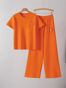 Completo da Donna Estivo Nuovo Blazer Sportivo Casual a Maniche Corte alla <span class=keywords><strong>Moda</strong></span> Due Pezzi Stile Rilassato <span class=keywords><strong>Pantaloni</strong></span> Larghi Lunghi Cross-Border - Product Image 4