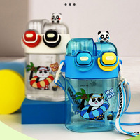 2025 nuevos niños doble pajita para beber Panda dibujos animados bebida agua vaso de plástico doble bebida Split Bin botella de agua con correa