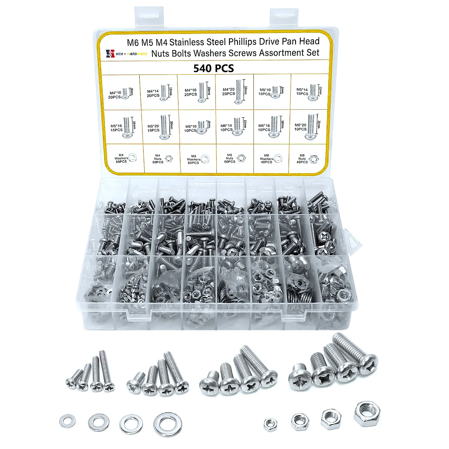 540Pcs Nuts and Bolts Assortment Kit hillips Pan Head Assortment Stainless Steel Bolts Nuts Flat Washers Nuts Bolts with Case