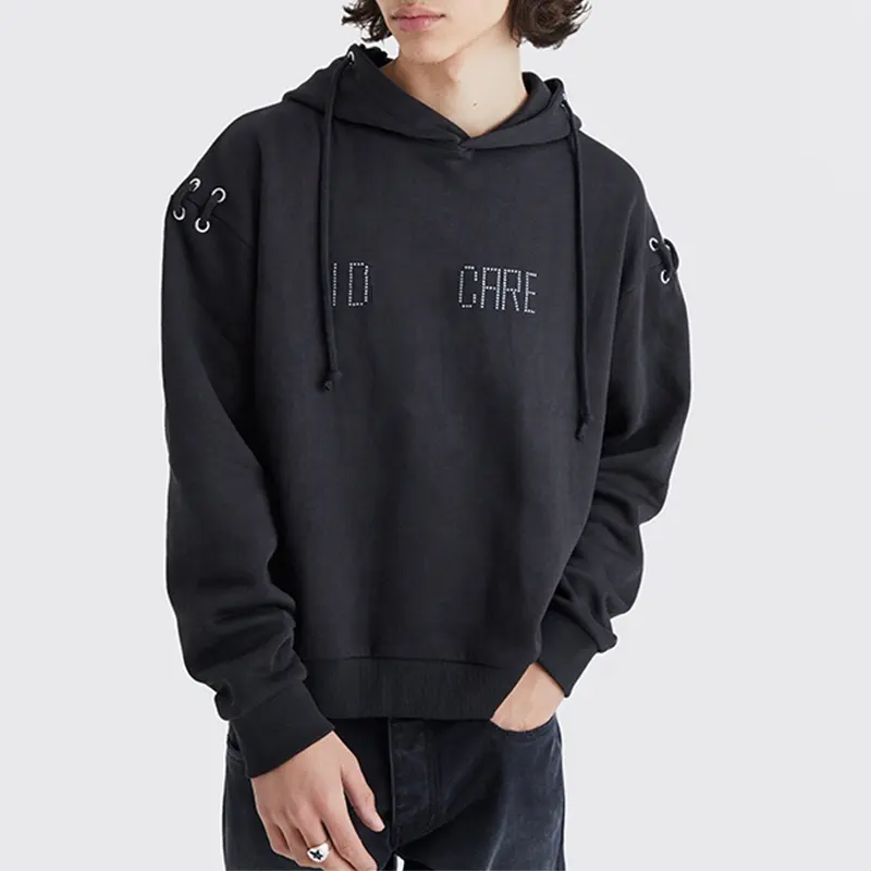 Luxury Rhinestone Logo 100% Cotton French Terry Drop Shoulder Boxy Rope Eyelet Hoodies For Men