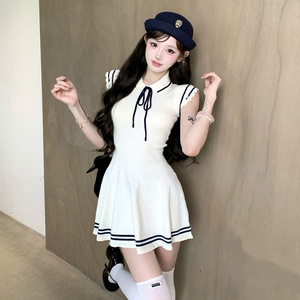 Preppy-Style Lapel Collar, Cap Sleeves, Knitted Lace-Up Dress, Summer New Arrival, First-Love Look, Waist-Cinching Slimming - Product Image 4
