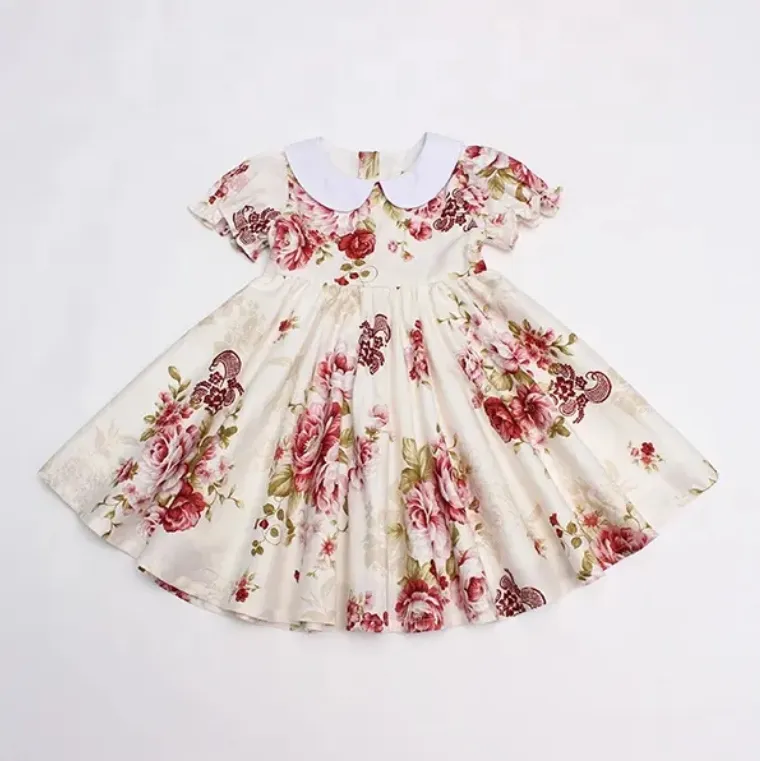 Manches bouffantes col claudine robes été bébé filles robes haute qualité en gros pur coton enfants robe florale vêtements