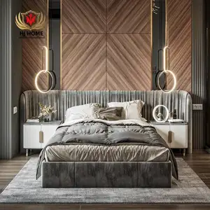 HJ HOME Luxury latest design upholstered width Headboard Italian Bed Fabric Leather Villa Bedroom Furniture Set