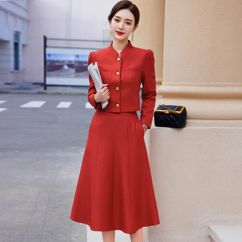 Fashion solid color women blazers formal office blazer two piece elegant skirt long jacket ladies office wear