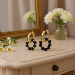 Boucles d'oreilles à double boucle en forme de T, plaquées or, avec perles noires, pour femmes - Product Image 2