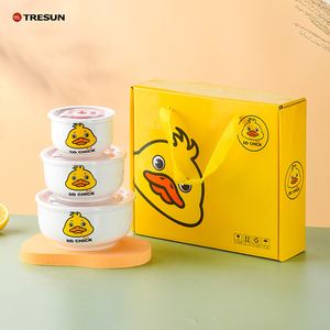 Juego de Regalo de Tres Piezas, Tazón de Cerámica con Diseño Floral, Tazón para Mantener la Frescura, Regalo Personalizado, Juego de Tazones para Conservar la Frescura - Product Image 1