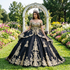 Robe de bal scintillante en mousseline de soie pour Quinceañera, modèle Dy5841, avec appliques noires et dorées, luxueuse, coupe cœur, pour fête d'anniversaire ou bal de promo - Product Image 1