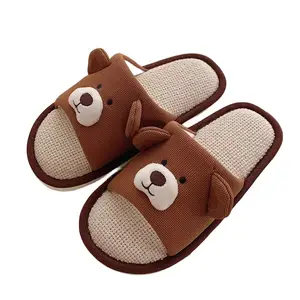 XIXITIAO 2024 Flat Bear Slippers Shoes Sandals Cute Home Indoor Animal Print Slippers Cotton Linen Slippers For Women Ladies