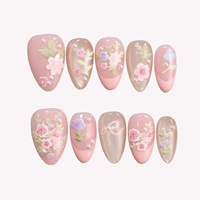 Faux ongles à presser en acrylique, rose doux, motif floral pastoral peint à la main, forme amande, avec nœud perlé, pour mariée, demoiselle d'honneur, événements, personnalisable