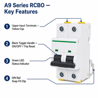 Disjoncteur différentiel RCBO Wanbo-502 1P+N 2P 3P 4P Courbe C 30mA 6kA IEC 61009-1 avec capuchon jaune et LED verte pour rail DIN