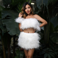 Robe courte en plumes de soirée rose et blanche Janefur en gros, mode luxueuse pour femmes, ensemble haut et jupe en plumes d'autruche