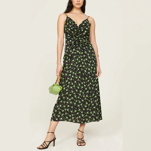 Abito Midi da Donna con Spalline Sottili in Chiffon Nero Verde Stampa Floreale, Arricciato Davanti, Vestibilità Regolare, Stile Dolce Casual Estivo, Vita Alta - Product Image 2