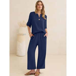 Womens Summer <b>2</b> <b>Piece</b> Lounge <b>Set</b> 3/4 Sleeve V Neck Top Wide Leg Palazzo Pants Breathable Casual Beach Travel Outfits - Product Image 2
