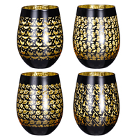 Verre à vin sans pied en cristal noir mat de luxe, artisanal, avec motif citrouille et chauve-souris en feuille d'or, pour Halloween festif