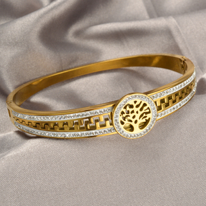 En Acier Inoxydable Interlocking Plant Design Spring-Clasp Trendy Sturdy 18K Gold Plated Zircon Decorative <b>Couple</b> Bangle - Product Image 1