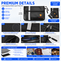 Sac de rangement ignifuge en fibre de verre enduit de silicone noir pour passeport et argent liquide
