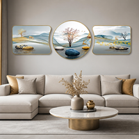 Tableau mural paysager serein en trois parties, bleu et or, avec arbre, cerf, verre, cristal et panneaux en aluminium pour salon et intérieurs d'hôtel