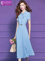 Robe chemise plissée mi-longue bleue style français vintage à manches courtes pour femme FMY71282