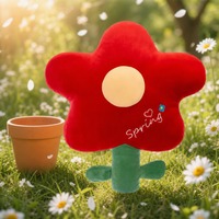 Coussin en peluche rond en forme de fleur rouge avec panneaux de tige et de feuilles vertes, coussin mignon pour la décoration d'un coin lecture et cadeau idéal pour une chambre confortable
