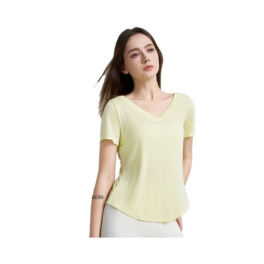 High-class Women's Yoga T-shirt Two-piece V-neck Short-sleeved Loose Breathable Quick Dry Front Logo Yoga Wear Blouse