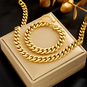 Gold Plated Chain Necklace And <b>Bracelet</b> <b>Set</b> Stainless Steel Unisex Hip Hop Punk Style Jewelry Gift - Product Image 1