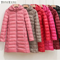 TONGYANG Automne Hiver Femmes Blanc Duvet de Canard Vestes Long Ultra Léger Mince Casual Manteau Puffer Veste Slim Remove Hooded Parka