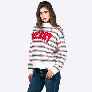 Custom <strong>Women's</strong> MERRY Letter Applique Embroidery Striped Mock Neck Long Sleeve Loose <strong>Christmas</strong> Pullover <strong>Sweatshirt</strong> Manufacturer - Product Image 5