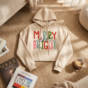 Custom <b>Women's</b> <b>Christmas</b> Graphic Crop Hoodie Multi-color Merry & Bright Letter Print Loose Fit Causal Holliday Hooded <b>Sweatshirt</b> - Product Image 4