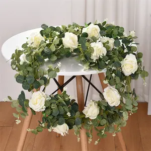 Flores artificiais de eucalipto para decoração, rosas brancas de seda, penduradas, guirlanda para casamento, arco de jardim, decoração de parede