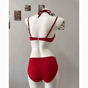 Nuevo Bikini Rojo al por Mayor 2025, Traje de Baño de 4 Piezas con Mangas Largas, Estilo Vacacional, Espalda Descubierta con Volantes de Malla, Ropa de Playa Sexy para Mujer - Product Image 4
