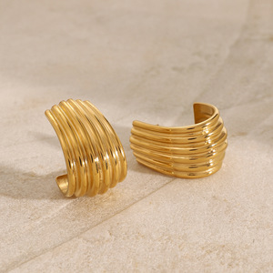 <b>Cuff</b> <b>Earrings</b> Gold Stainless Steel Ribbed Geometric Minimalist Fashion Jewelry - Product Image 2