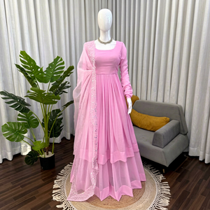 Vestido Anarkali Salwar Kameez de Georgette Rosa con Bordado de Hilo, Manga Larga, para Bodas y Fiestas, para Mujer - Product Image 1