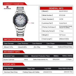 NAVIFORCE 9258 Calendrier pour hommes Montres de date décontractées Sports Quartz Acier inoxydable Horloges étanches Relogio Masculino - Product Image 4