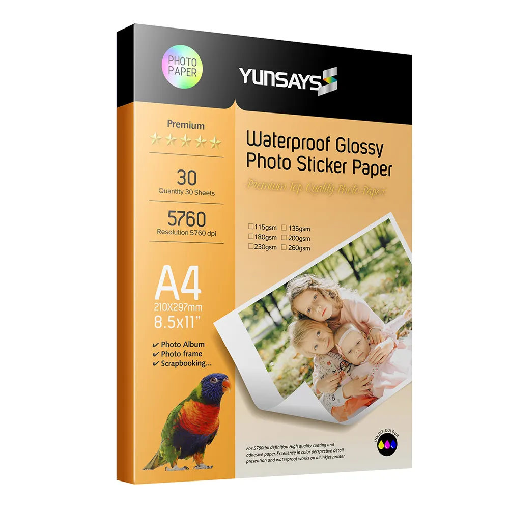Yunsays waterproof self adhesive glossy photo paper inkjet printer photography paper 90gsm 135gsm 150gsm water glue