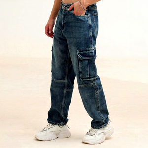 Pantalon cargo en jean délavé mi-taille coupe ample pour homme, en coton mi-lourd, écologique, résistant à la décoloration, bleu automne, avec poches - Product Image 1